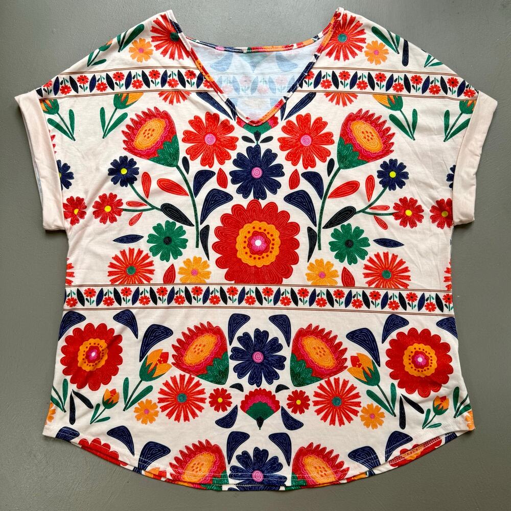 Colorful Folk Floral Boho Cottagecore Top Plus Size 1XL Dopamine Dressing